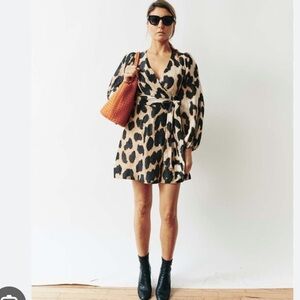 GANNI Leopard Mini linen wrap dress puff sleeve size 42 / 10